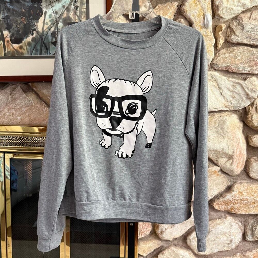 Frenchie in glasses graphic crewneckpullover  Playful quirky nerdy chic loungewe